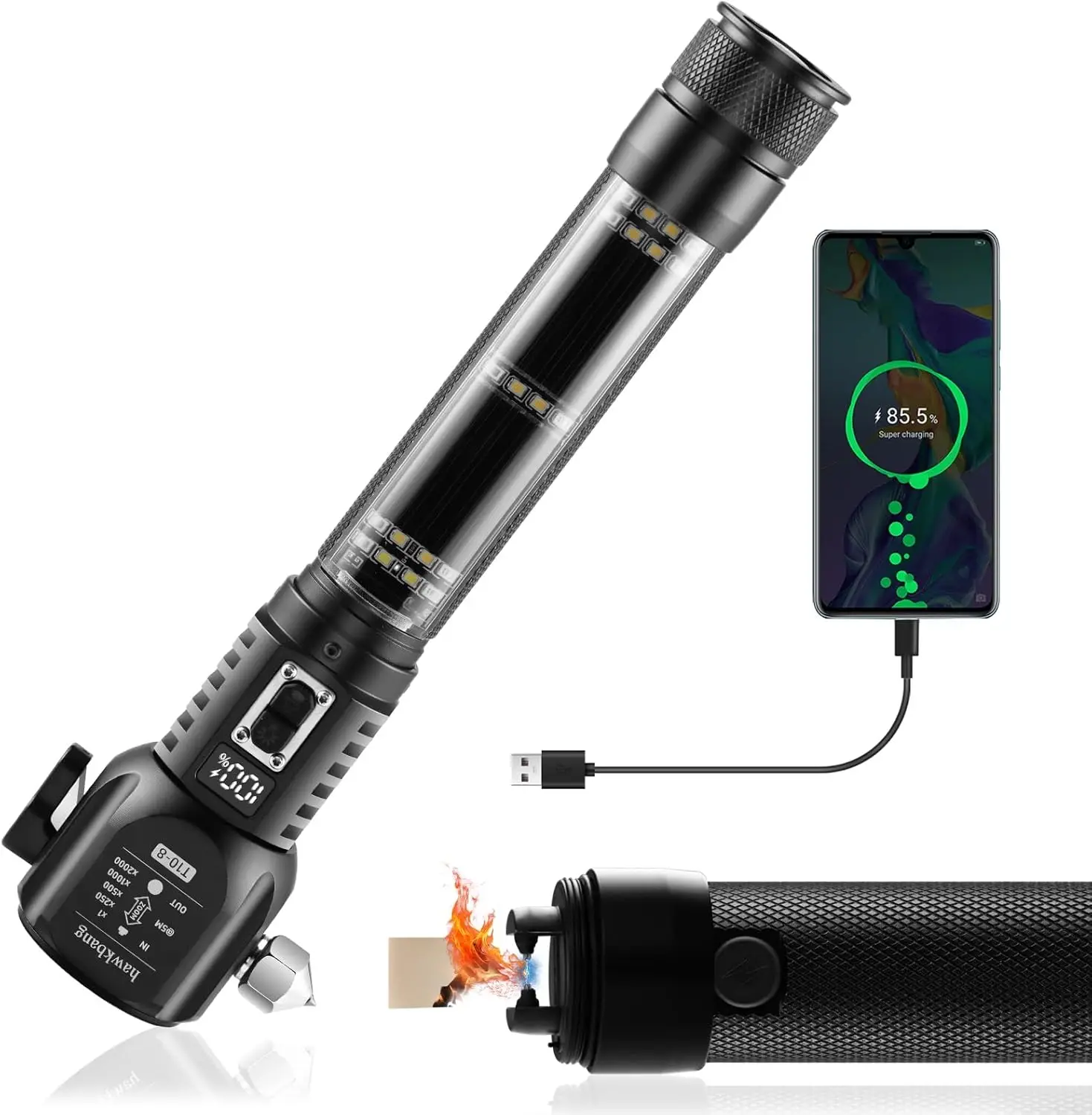 

Автомобильный безопасный молоток 18-в-1: перезаряжаемый фонарик на солнечной батарее/USB, высокая люмен, аварийный оконный выключатель и резак ремней безопасности