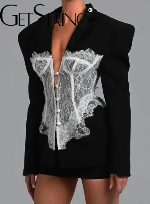 GetSpring Damen-Blazer 2024, Herbst, Spitze, genäht, einreihig, Damen, schwarzer Blazer, Mantel, Vintage-Stil, schmale Anzugjacke für Damen, Xxxl