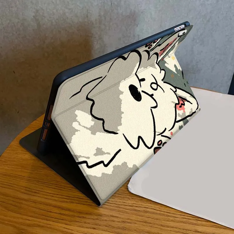 جرو أبيض على طراز الرسوم المتحركة لجهاز iPad Air Mini Pro 7 6 5 9.7 11 10.5 12.9 حافظة تابلت أوتوماتيكية للنوم/الاستيقاظ