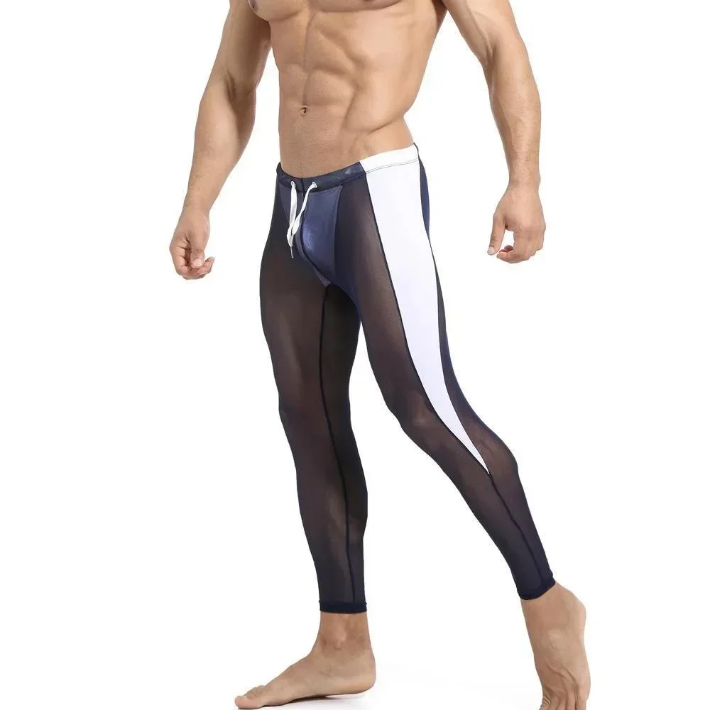 Bragas deportivas transparentes de malla para hombre, ropa interior Sexy, moldeador de cuerpo, Media larga, pantalones ajustados transpirables para