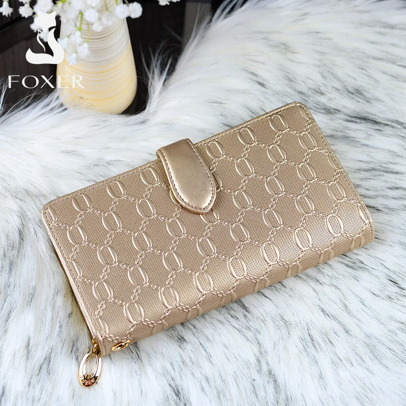 FOXER Split Leather Women\'s Long Wallet Embossed Pattern Phone Purse Lady Multi-Card Holder Clutch Purse with Wrist Strap