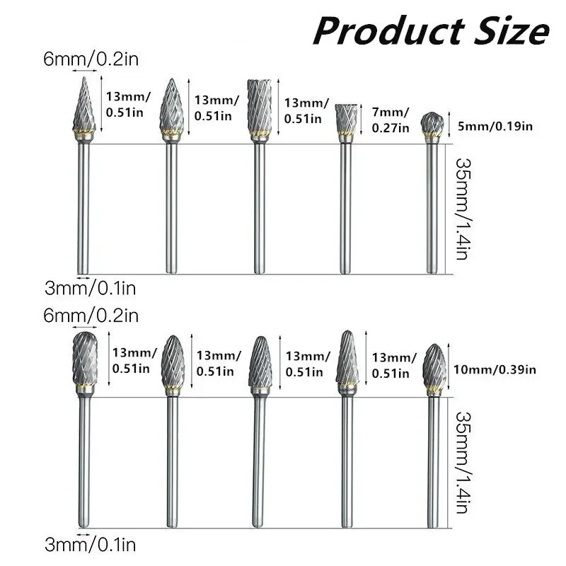 10 Stuks Carbide Braam Set, Hard Gelegeerd Wolfraam Staal Dubbel Gesneden Roterende Vijl Frezen Snijkop, Houtbewerking Slijpen Carvin