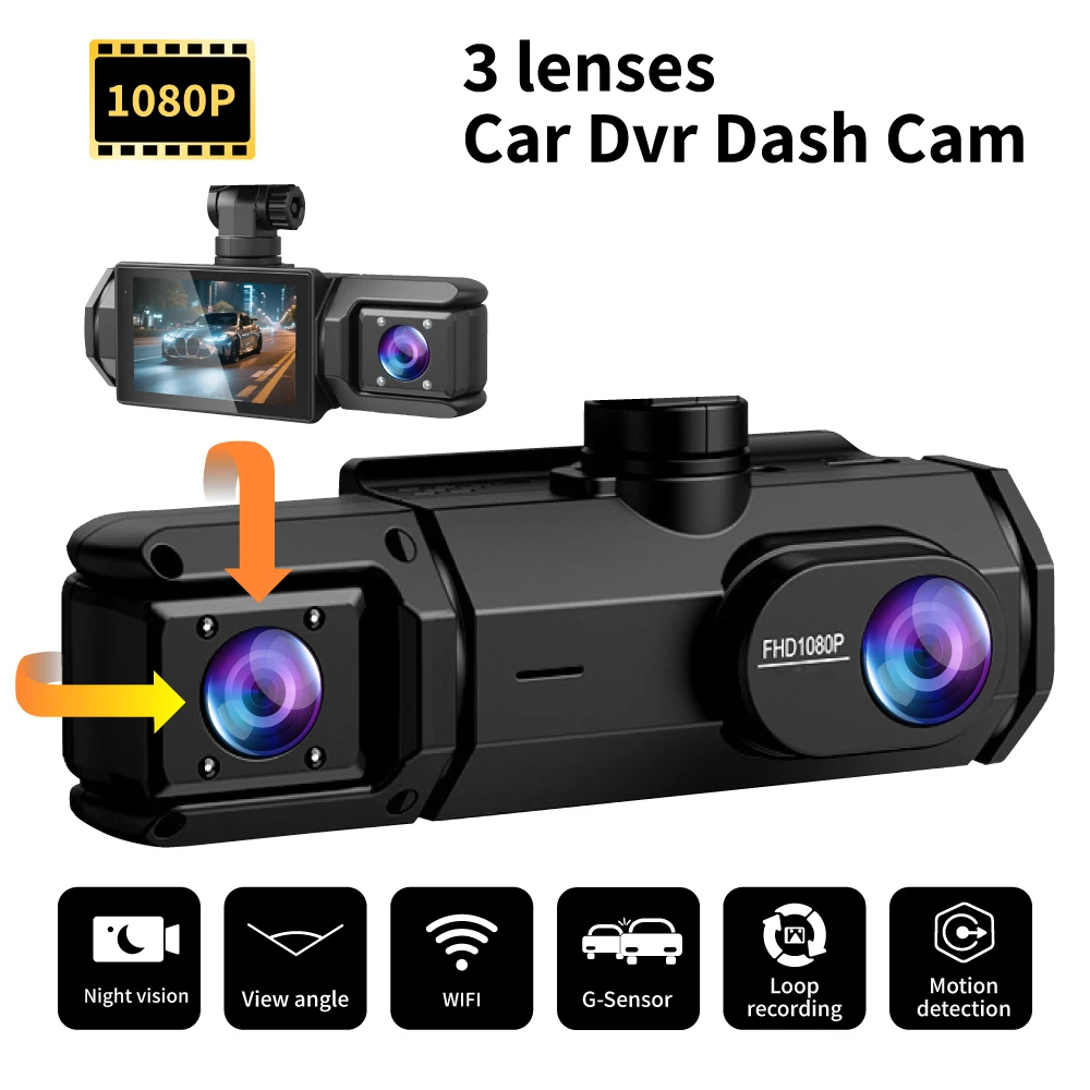 

WiFi 3Lens 2inch Dash Camera For Cars HD 1080P Video Recorder Front Inside Rear View Camera Night Vision Loop Recording Black B