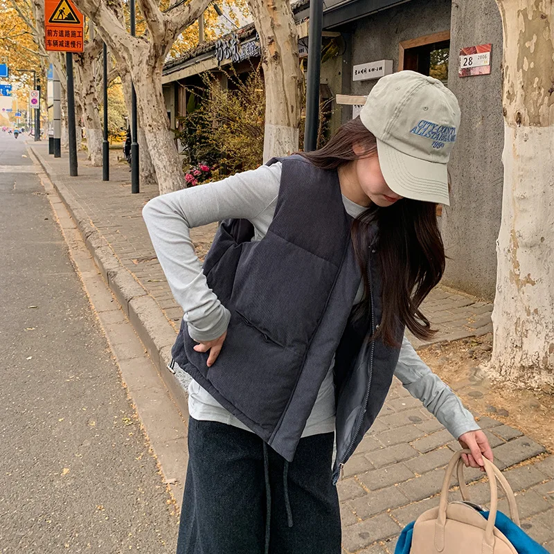 Women Solid Parkas Vest Coat Oversize Jacket Sleeveless Round Collar Zipper Thick Straight Fit Office Lady Casual Winter 2025