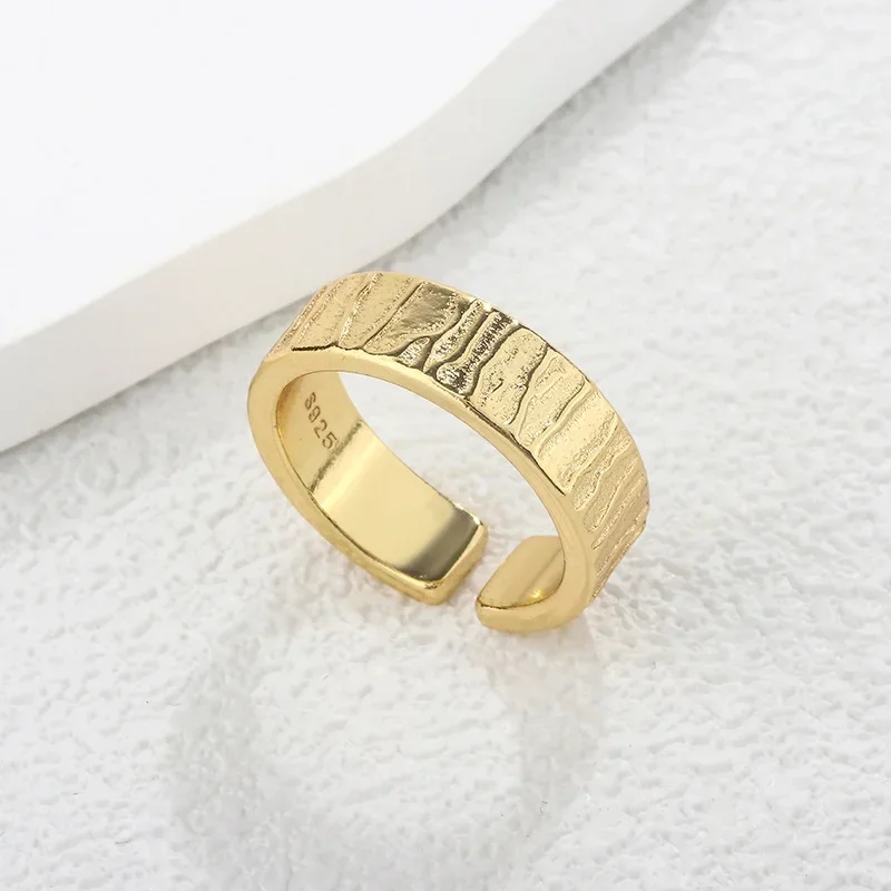 

925 Sterling Silver Gold Color Fold Texture Ring for Women Girl Gift Irregular Frosting Versatile Broad Jewelry Dropshipping