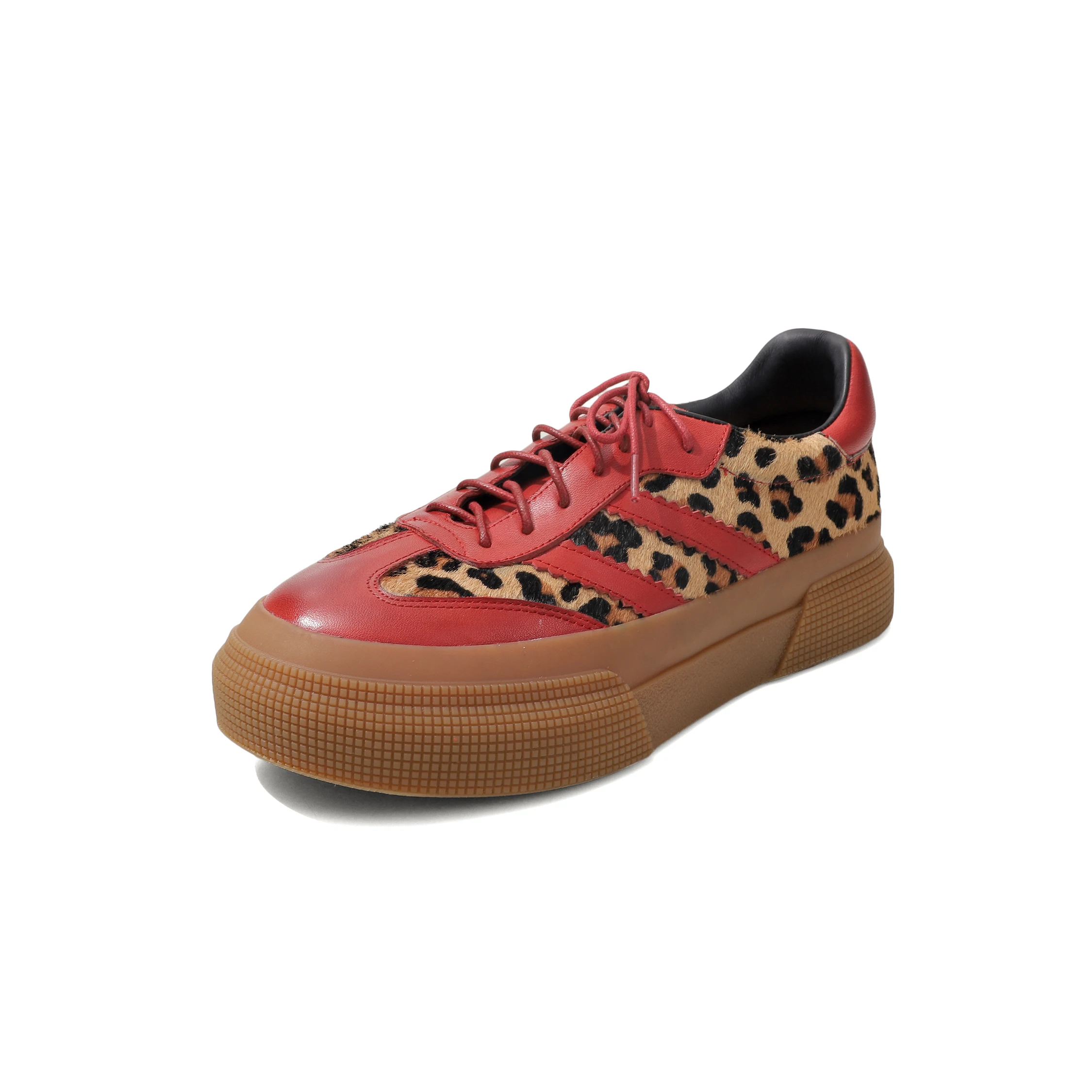 Genuine Leather Cowhide+Horsehair Leopard Women Sneakers, Lace-up Round Toe Patchwork Skateboard Women Shoes