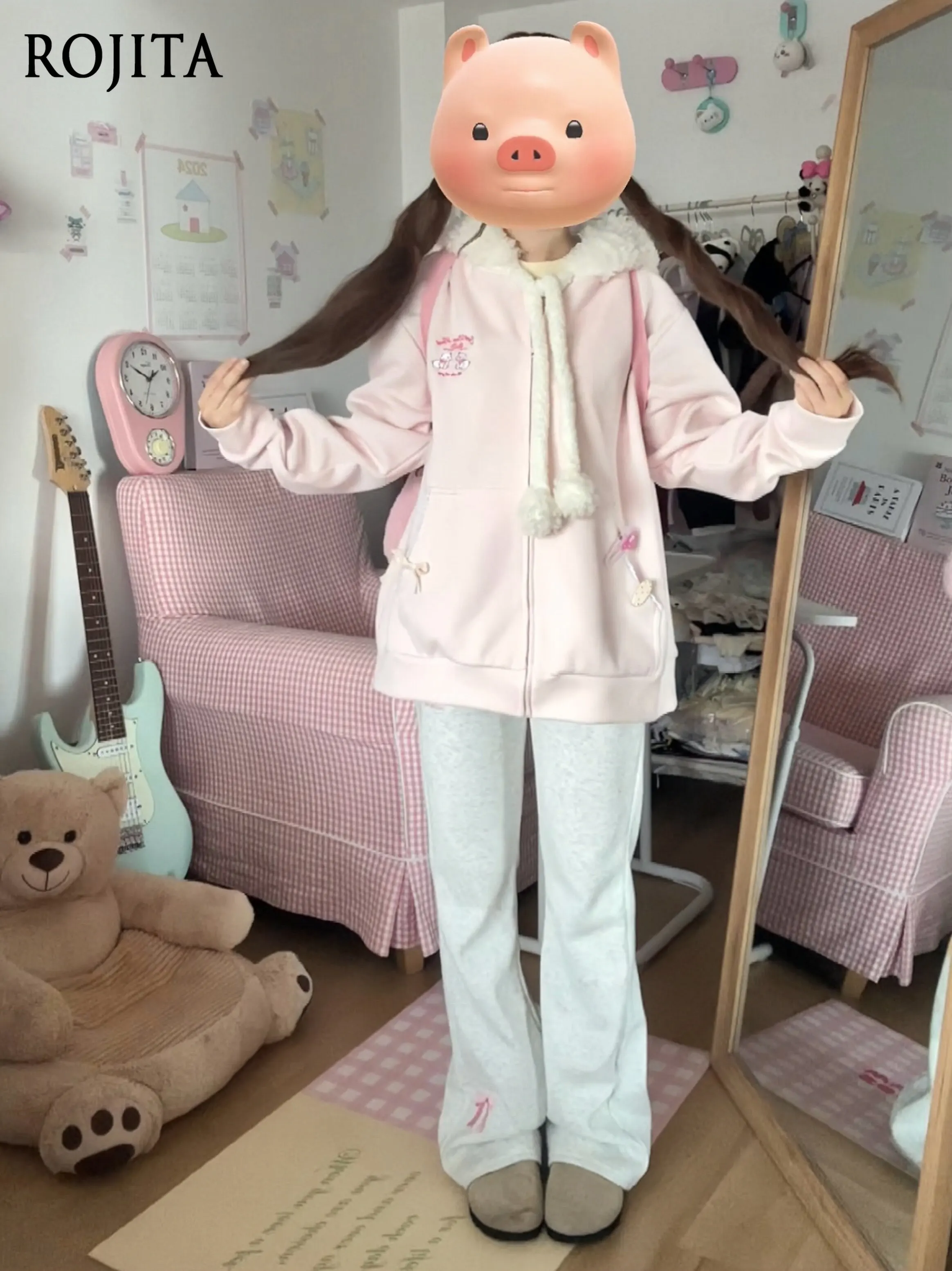 

Original Cute Lambswool Soft Pink Hooded Sweatshirt Jacket Women's Autumn Winter Sweet Cardigan Top Gray Flared Pants