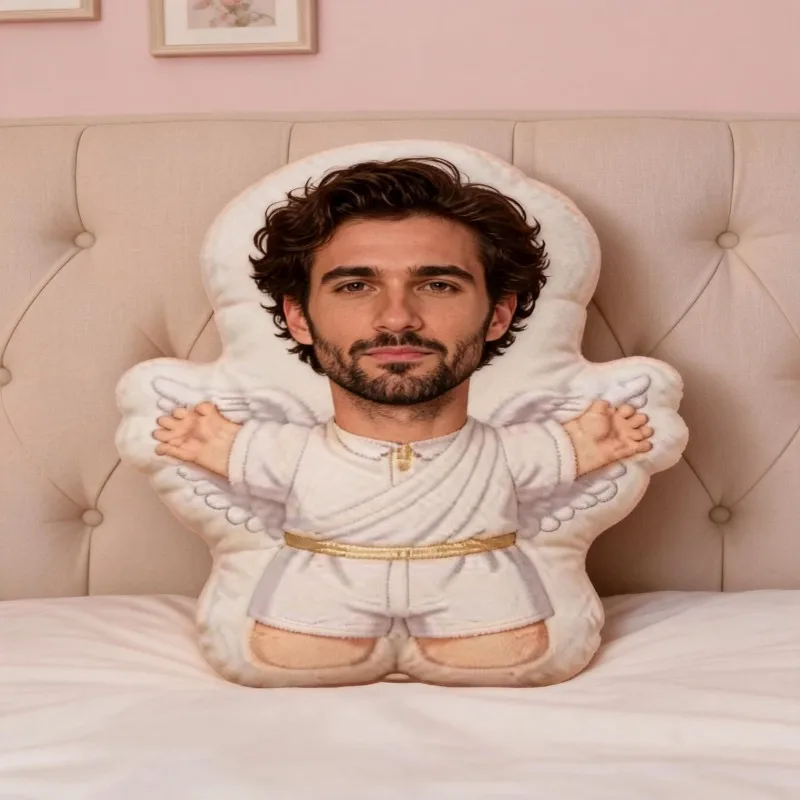 Custom Personalized Photo Angel Costume Shaped Pillow, Funny Face Decorative Cushion for Sofa & Bedroom, Unique Gift for Adult F