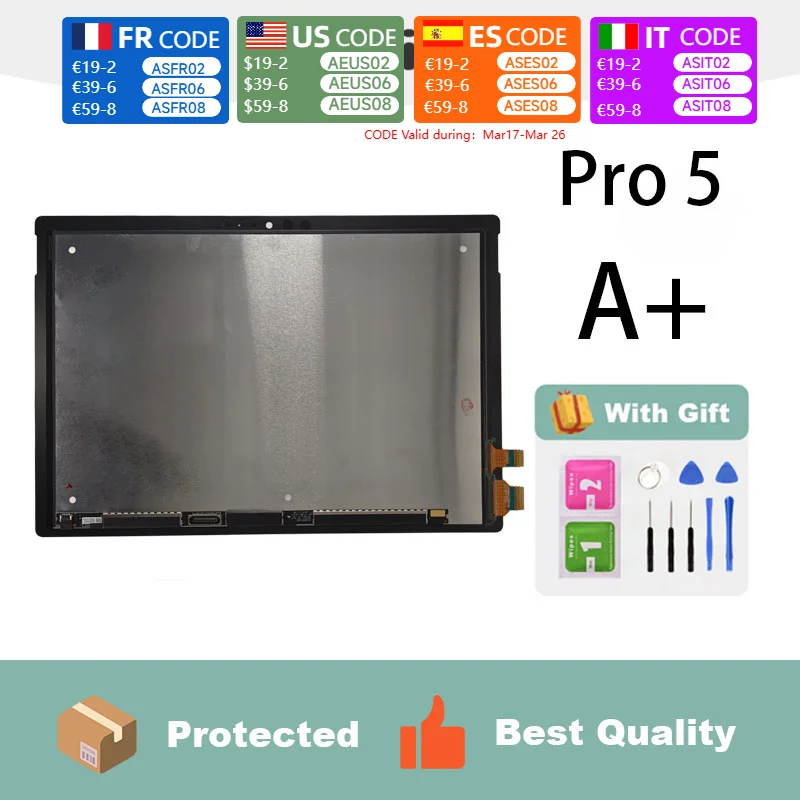 A+ For Microsoft Surface Pro 5 Screen Replacement 12.3 Inch 1796 V1.0 6870S-2403A  LCD Display Touch Screen Digitizer Assembly