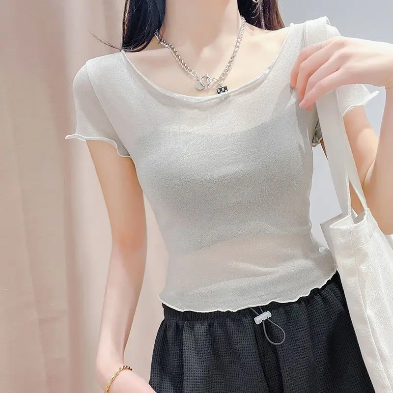 أزياء كوريا 90s عادي الصيف الزي ضئيلة شبكة المرأة تي شيرتات قصيرة الاكمام الكورية مراجعات العديد من الملابس بيع أنيقة أعلى الإناث