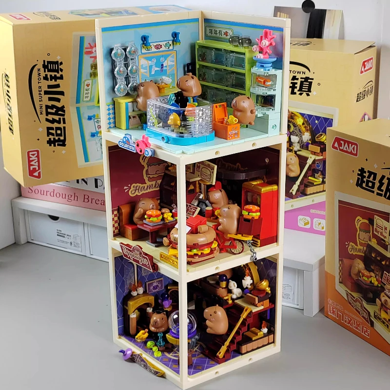 Jaki super cidade capivara monta blocos de construção série vista rua modelos ornamentos mesa brinquedos presentes aniversário
