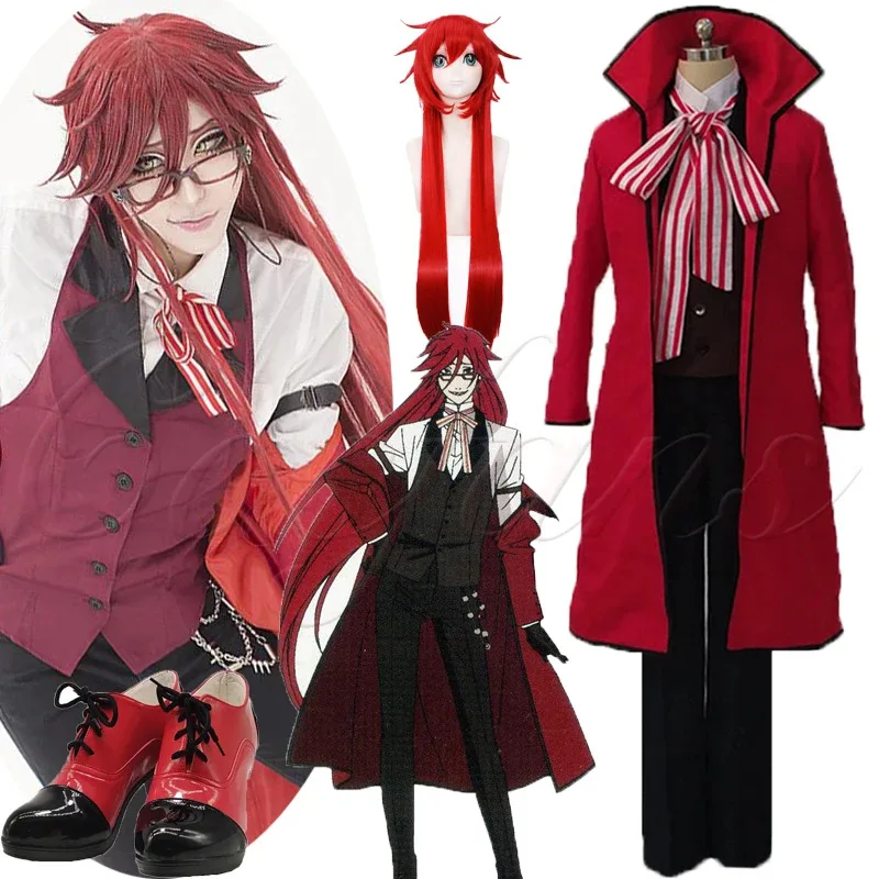 

Anime Black Butler Death Shinigami Grell Sutcliff Cosplay shoes Red Uniform Outfit Carnaval Halloween Costumes for Women Men wig