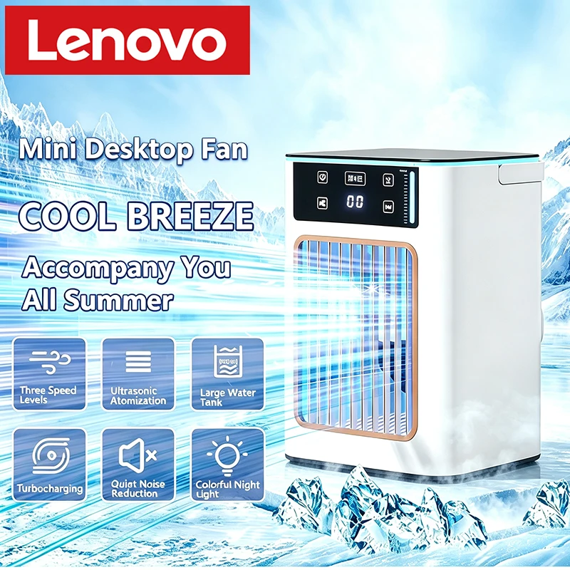 Lenovo USB Air Cooler Portable Desktop Cooling Fan With Humidifier Dual Mist Spray Water Tank With Ice Box For Bedroom Home