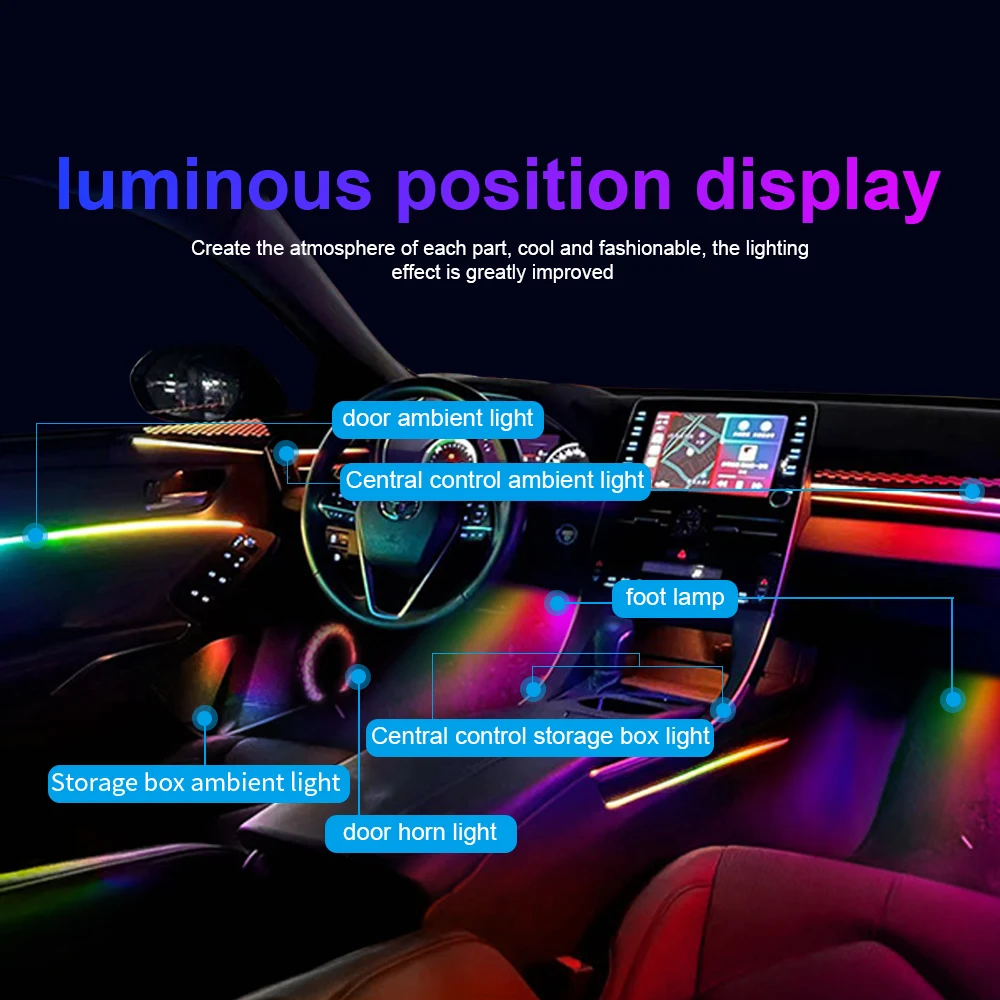 22 in 1 Symphony Car Ambient Lights LED RGB 64 colori striscia acrilica nascosta Kit lampada per atmosfera interna per cruscotto clacson Light