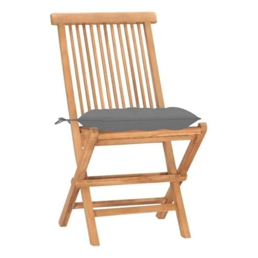 

3-Piece Small Foldable Teak Wood Outdoor Dining Set, Gray Finish, Round Table with 2 Cushioned Chairs, Weather-Resistant, Space