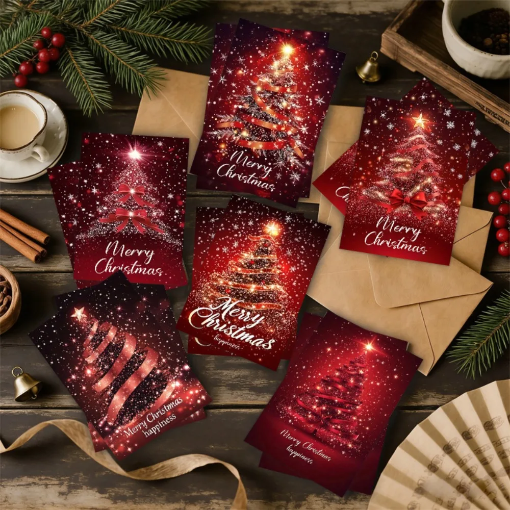 Red Christmas Tree Greeting Card Set 12/24Pcs with Envelopes,Xmas & Christmas Eve Wish Card for Holiday Party and Gift Presents