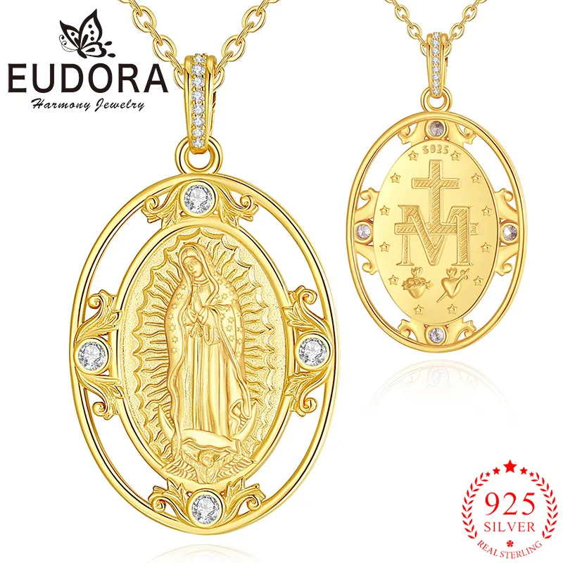 

Eudora 925 Sterling Silver Virgin Mary Necklace 18K Gold Religious Pendant Amulet Exquisite Zirconia Jewelry Gift for Women