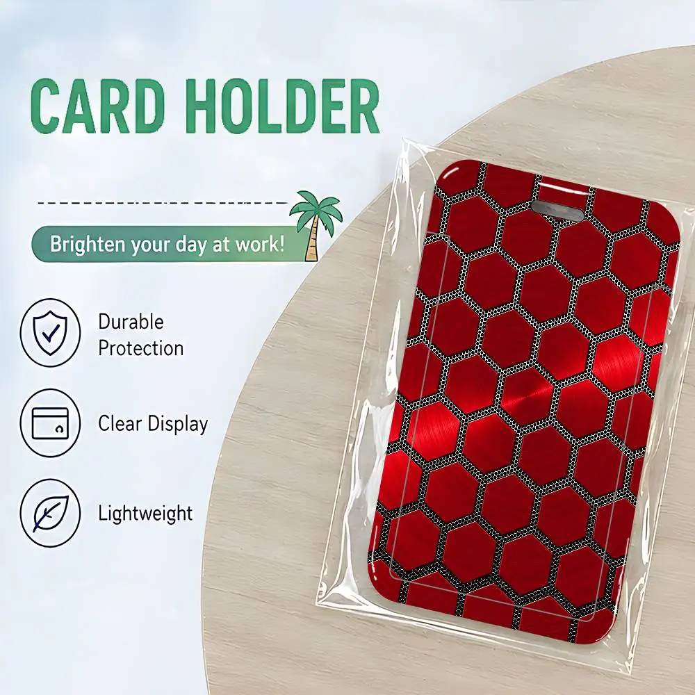 Red Hexagonal Geometric ID Card Holder Cute PVC Badge Holder Cartoon Card Cover Student ID Bus Card Case With Clear Window