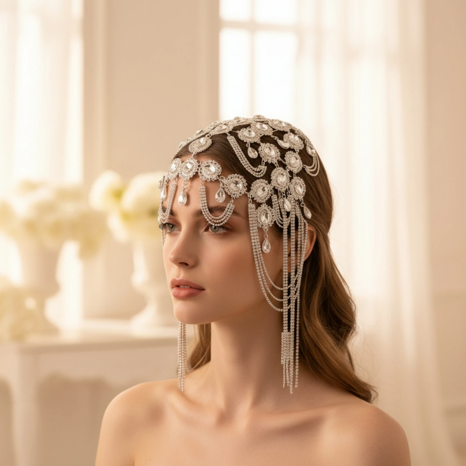 Bridal Headpiece with Tassels Ornate Rhinestone Hair Crown Forehead Headpiece Floral Headband Jewelry Shimmering for Brides