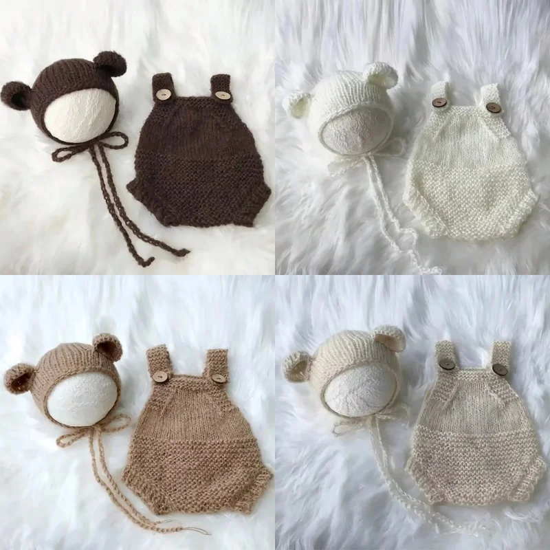 Handmade Crochet Newborn Photography Props Set Cute Soft Knitted Romper with Hat Baby Boy Girl Photo Shoot Outfit Costume