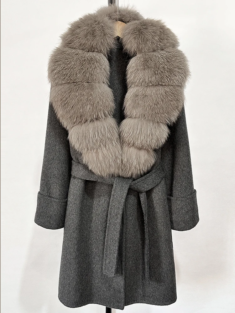 Женское пальто из натурального лисьего меха, новинка 2023 года, зимняя куртка с карманами на поясе, женская свободная шерстяная верхняя одежда, уличная одежда