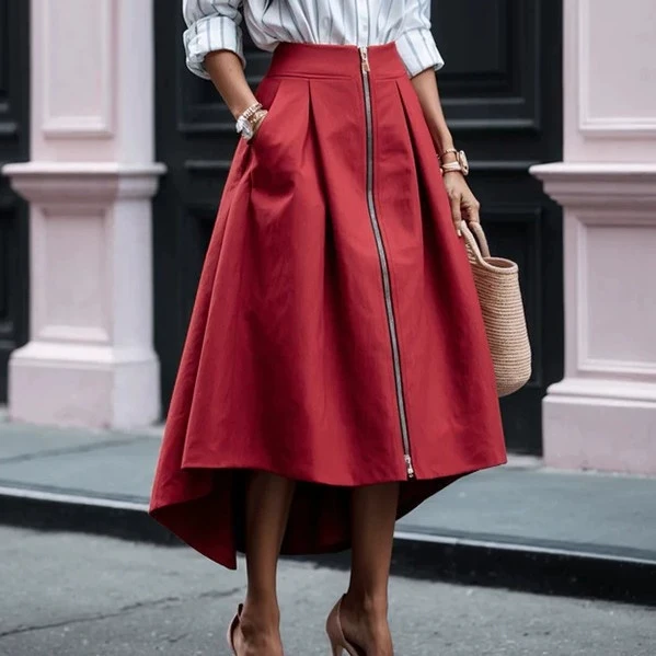 

Women's Solid Color Pu Leather Skirts Fashion Temperament Simple All-match Zipper Irregular A-line Skirt Lady Commuting Clothing
