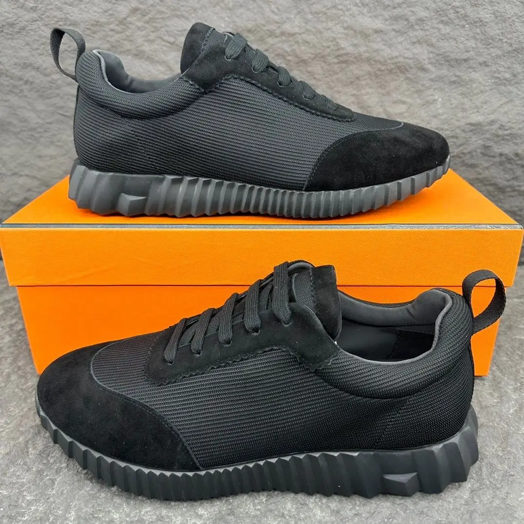 Unisex Matte Black Casual Shoes Breathable Woven Fabric Patchwork Non-slip Chunky Serrated Sole Sneakers