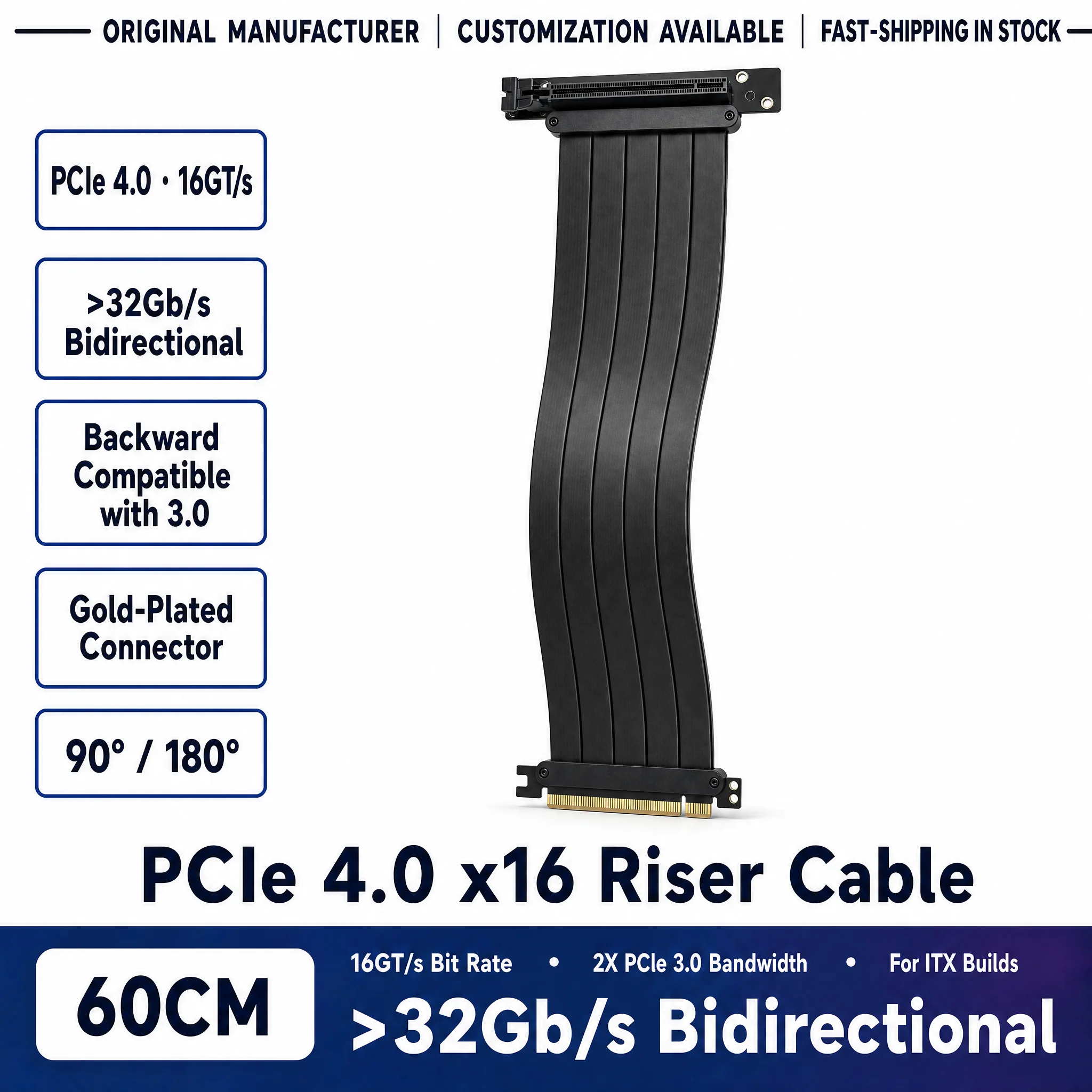 PCI-E 4.0 16X Extension Cable 60 cm Adapter Riser with 90°/180° Male to Female Connector Flexible X16 GPU Cable for Desktop PC