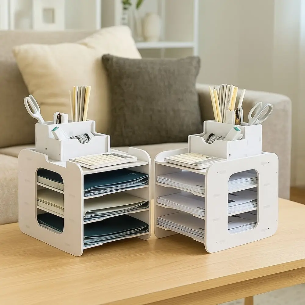 Practical PVC Multi-layer File Storage Rack Space Saving Large Capacity File Holder Easy Assembly Desk Top Shelf for Home