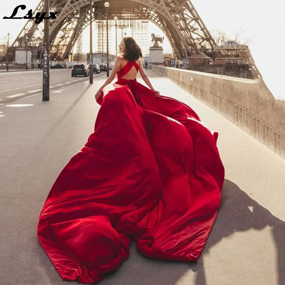 

LSYX Long Train Formal Evening Gown Sleeveless Sexy Side High Slit Backless Gorgeous Mono Prom Party Dresses vestidos de noche