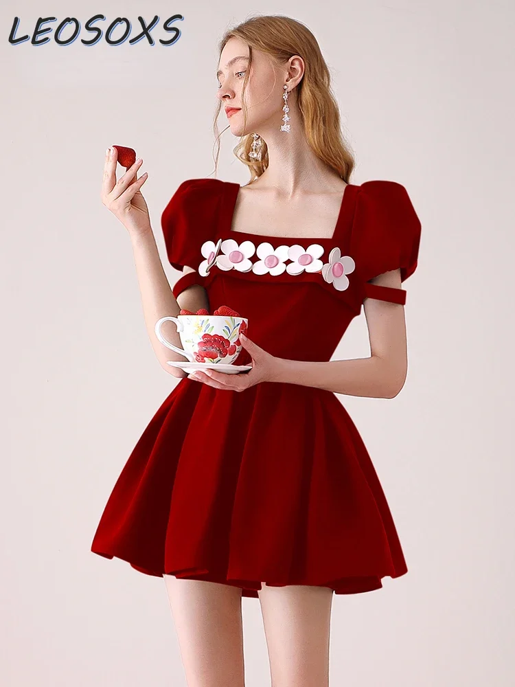 

Womens Three-Dimensional Flower Gentle Dignified Sense of Design High Waist Puff Sleeve Famale Dress Elegant Chic Red Mini Dress