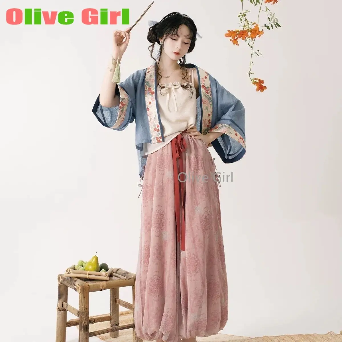 Song Style Short Shirt Suspender and Printed Lantern Pants Spring Summer Original Traditional Chinese Hanfu Women's Clothing