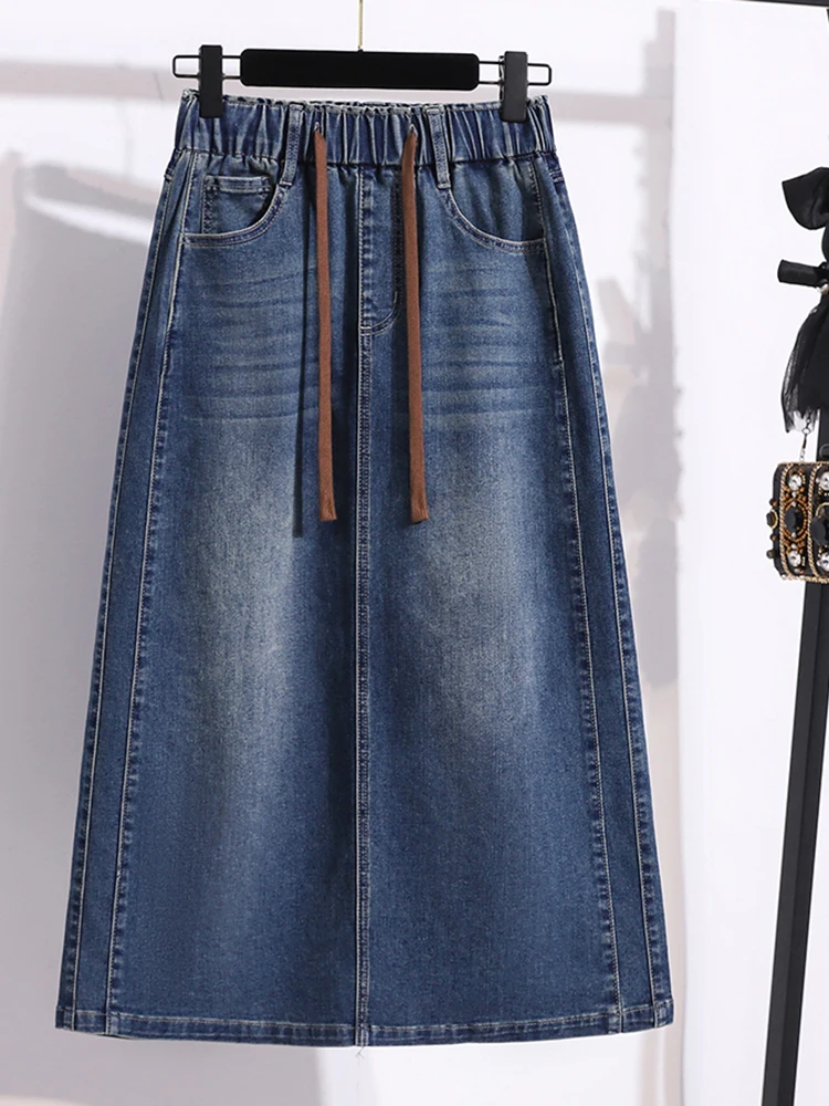 Elastic Waistband Mid-Length A-Line Denim Skirt Women's Casual Cotton Polyester Blend Elastic Stretch Loose Fit Skirt