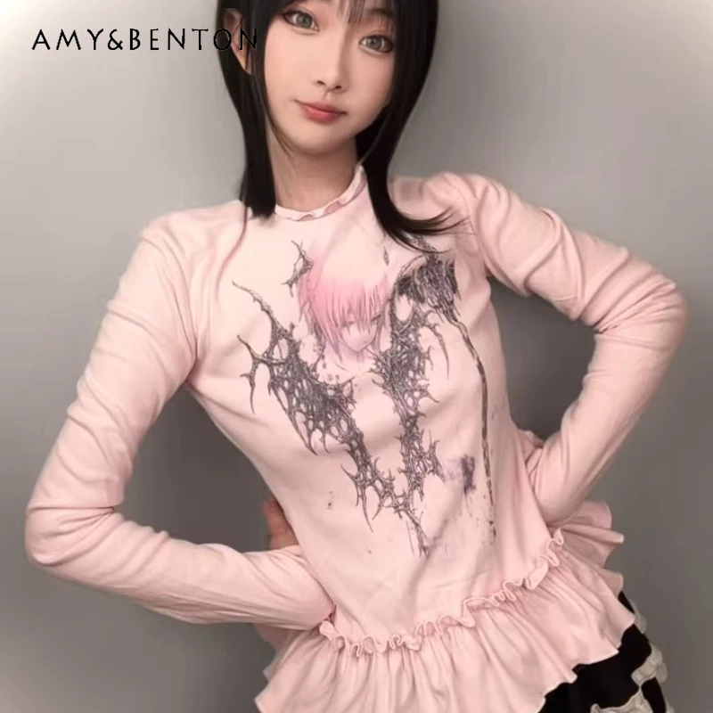 

2026 Spring Autumn Two-Dimensional Print Women's Bottoming Shirt Original Pink Lace Edge Versatile Long Sleeve T-Shirt Ladies