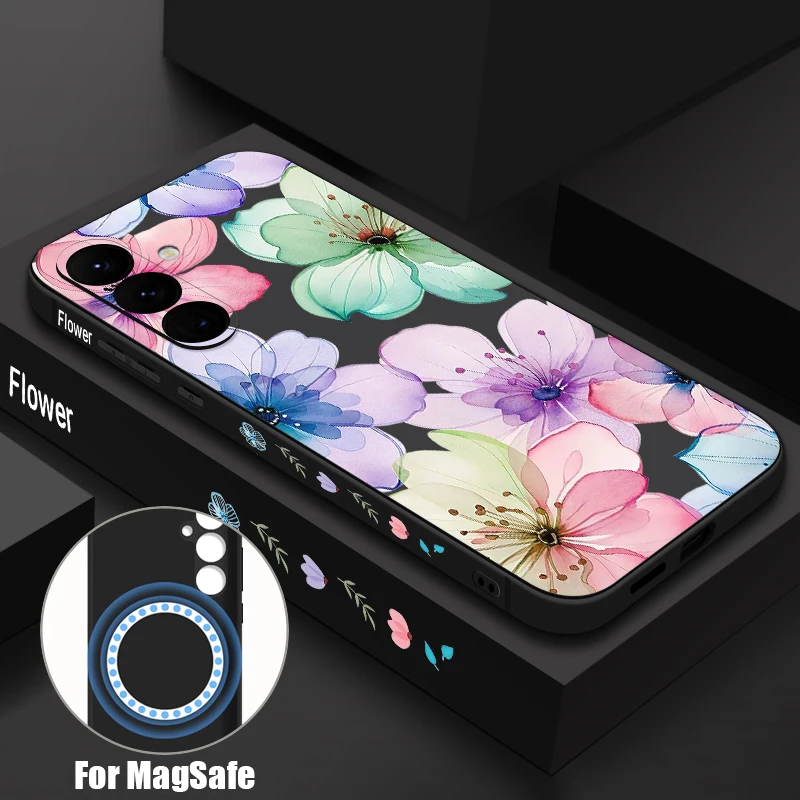Magnetic Watercolor Floral Case For Samsung Galaxy S26 S25 Ultra S24 S23 FE S22 Plus S21 Built-in Metal Plate Silicone Cover