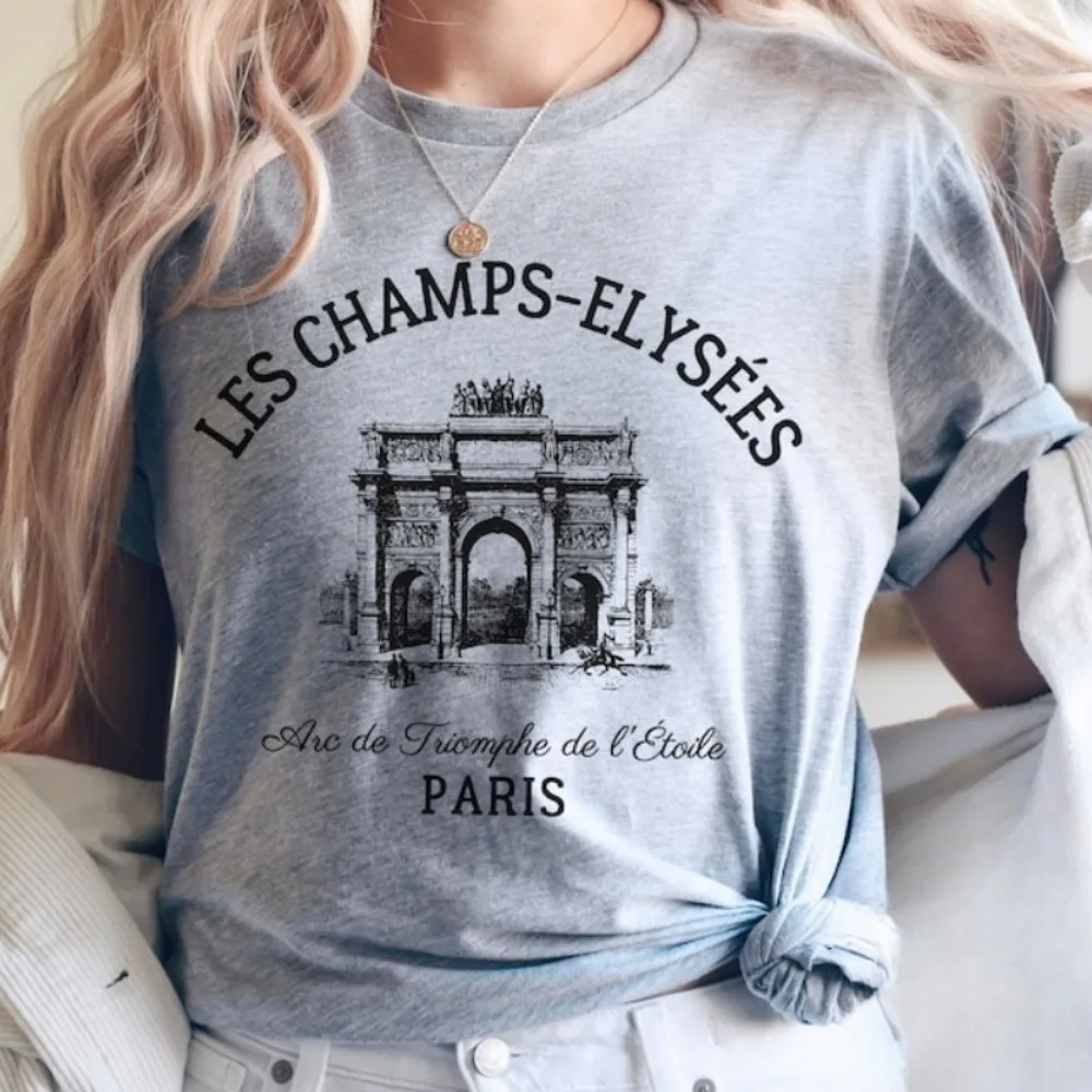 Paris Shirt Champs Elysees Arc De Triomphe T-shirt Unisex Retro Patterns Women Loose O Neck Tshirt Short Sleeve Streetwear Print