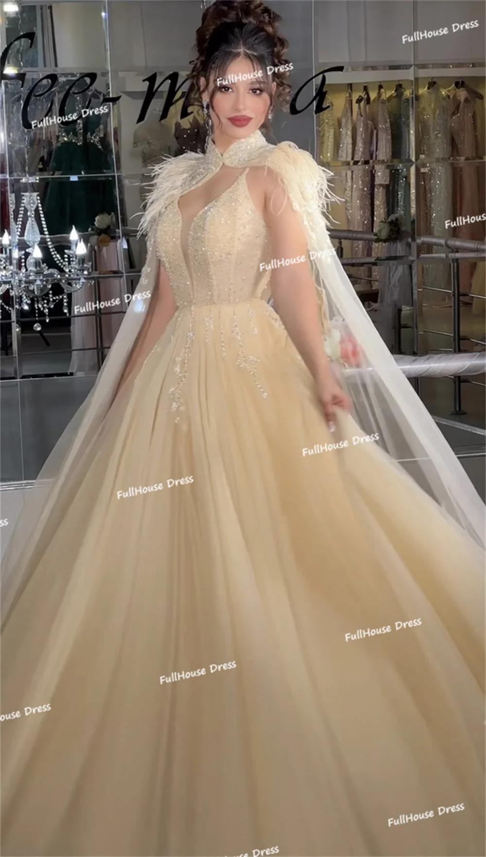 Custom Made Fantastic V-neck Tulle A-line Beading Shiny Evening Dress Floor Length Backless Feathers Party Dress with Train