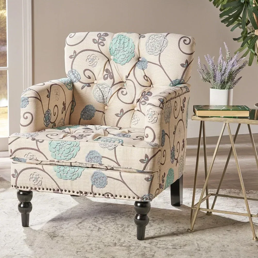 Fabric Tufted Club Chair Living Room Chair White / Blue (29.5