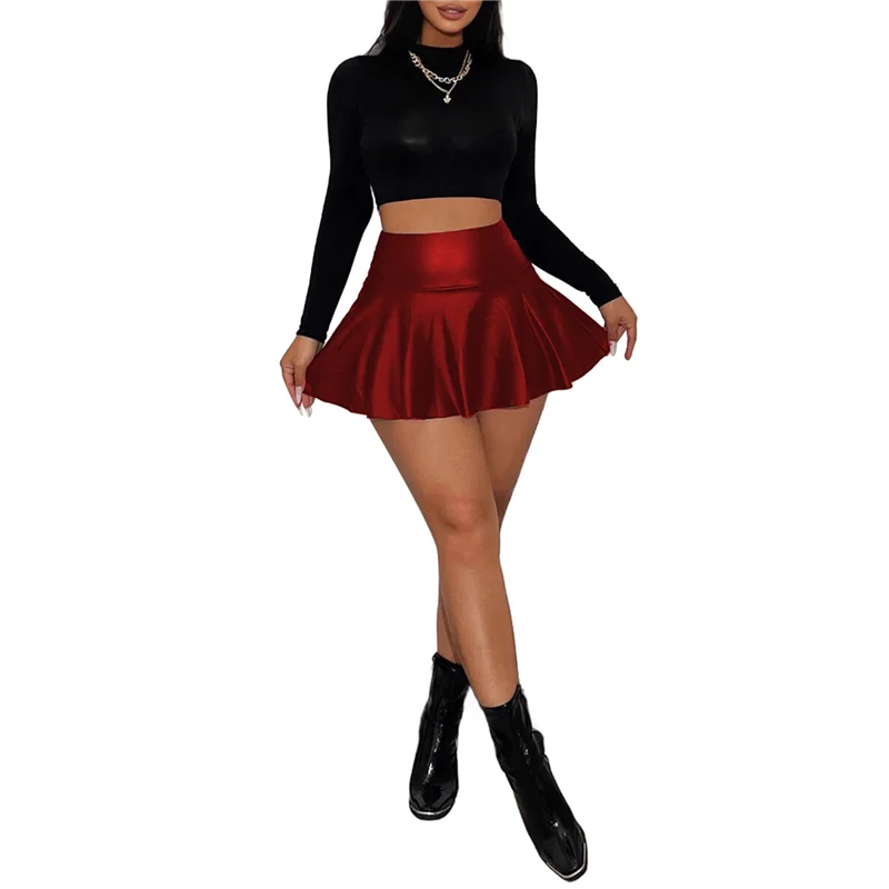 

A83F-Women's Pu Leather Elastic High Waist Skirts Ruffle Hem Casual Flared Skirt Shorts