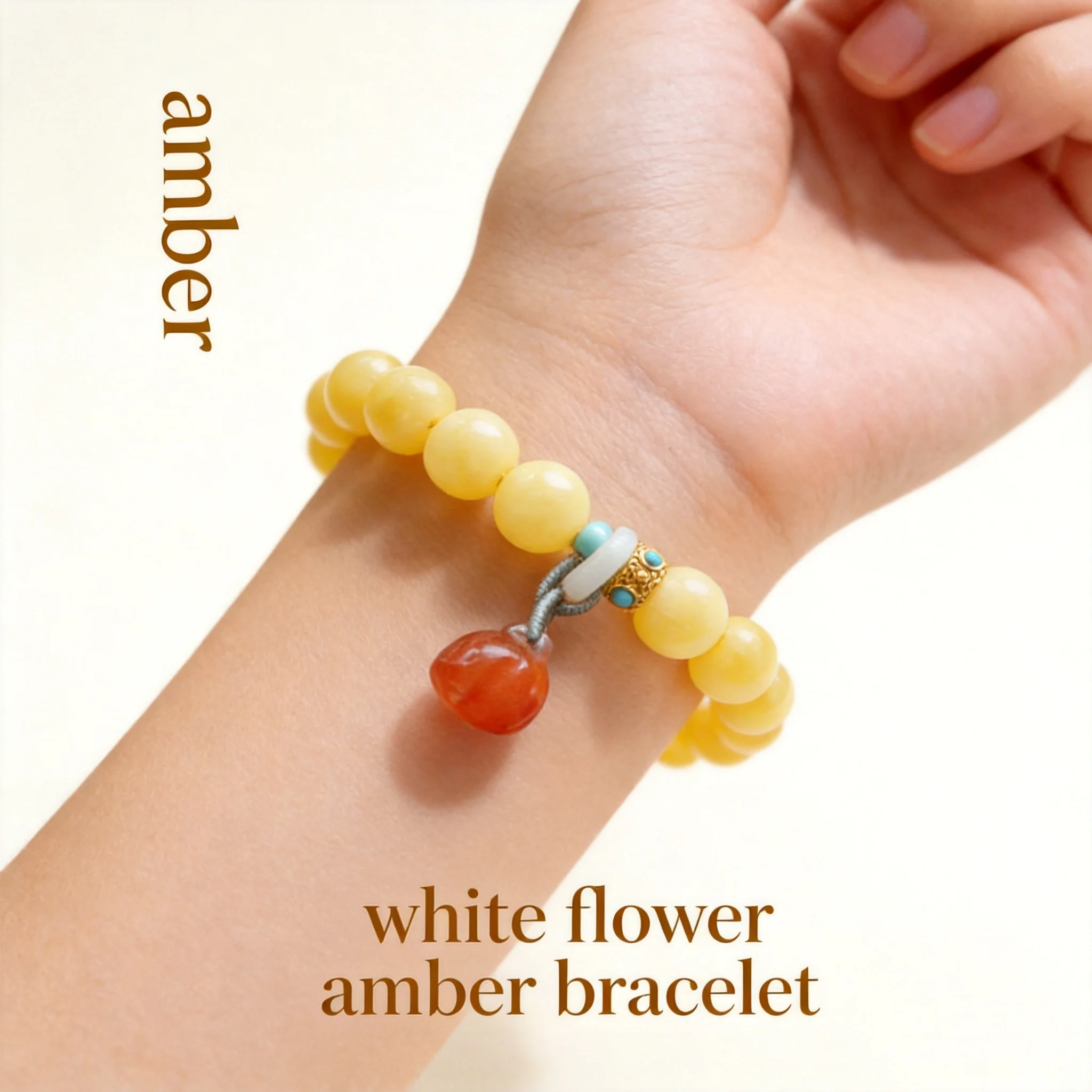 Natural Russian White Flower Amber Bracelet With South Red Agate Lotus Pendant Oriental Lucky Fortune Jewelry Gift For Mom Women