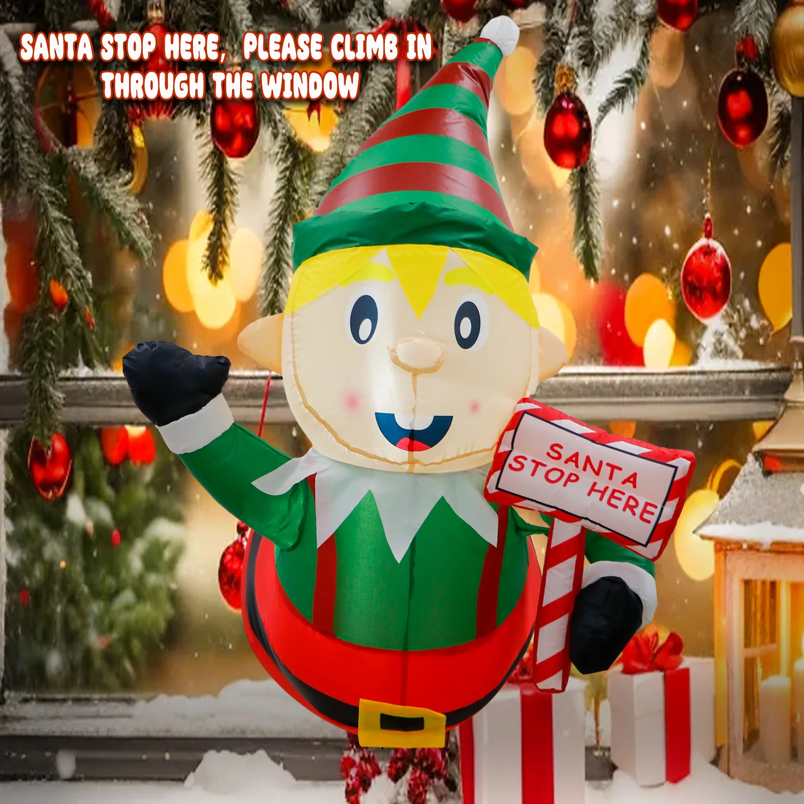 3.5Ft Christmas Elf Inflatable Lean Out from Window Christmas Decorations Outdoor Blow Up Inflatables with LED Lights