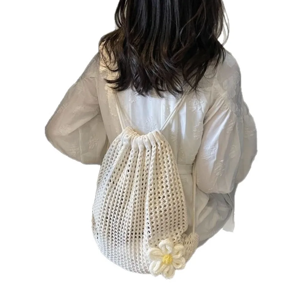 Ladies' Casual Knitted Drawstring Backpack With Hollowed Out Woven Flowers, Summer Beach Daily Vacation Commuting Backpack