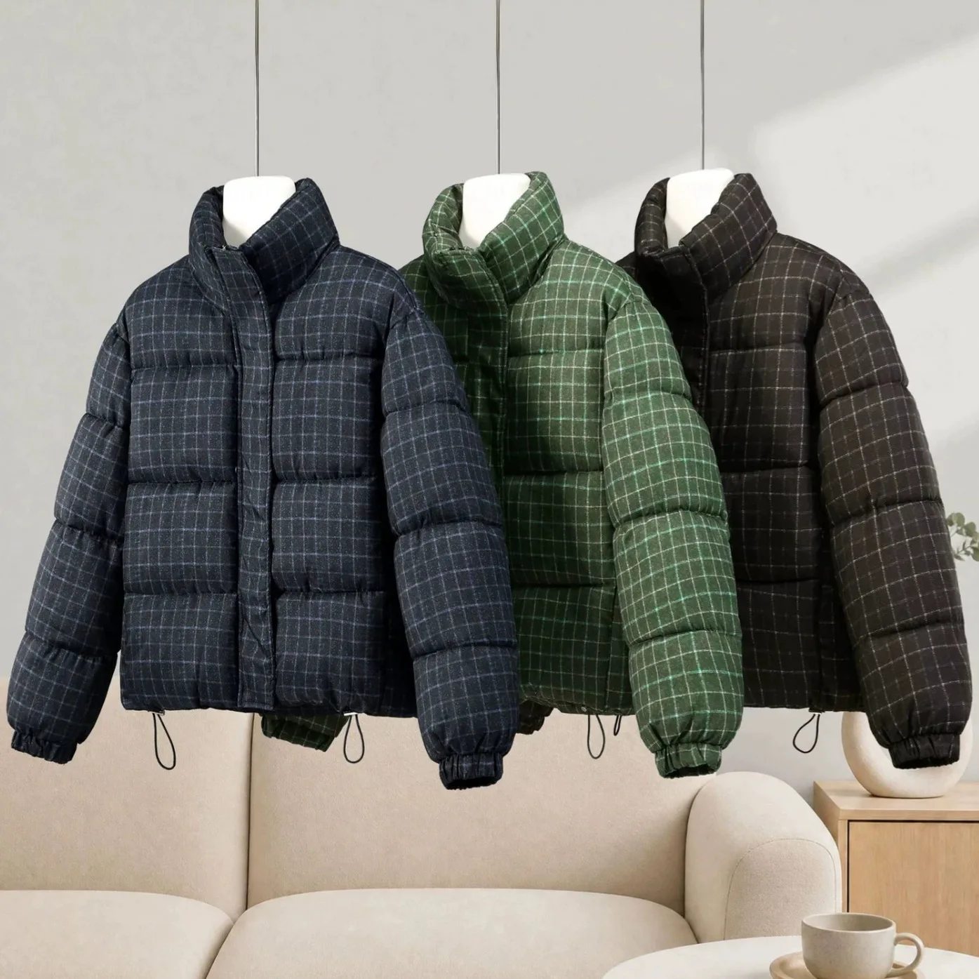 2026 Fashion Plaid Printed Cotton-padded Jacket Women's Winter Stand-collar Short Parkas Thicken Warm Coat Lady Casual Outerwear