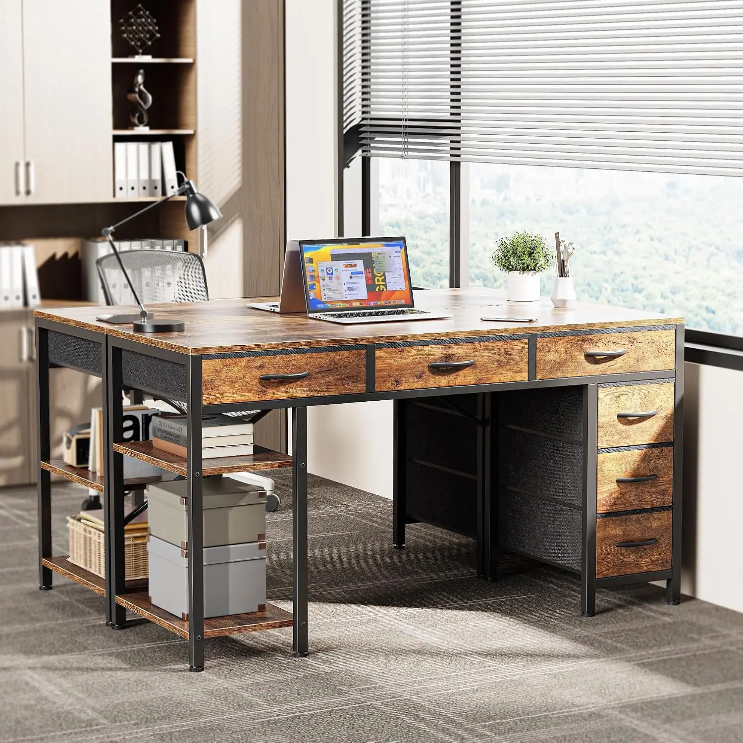 47 Inch Reversible Computer Desk with 6 Fabric Drawers, Adjustable Shelves and Metal Frame, Multifunctional Storage Gaming Corner Desk for Home Office Bedroom Living Room, Rustic Brown