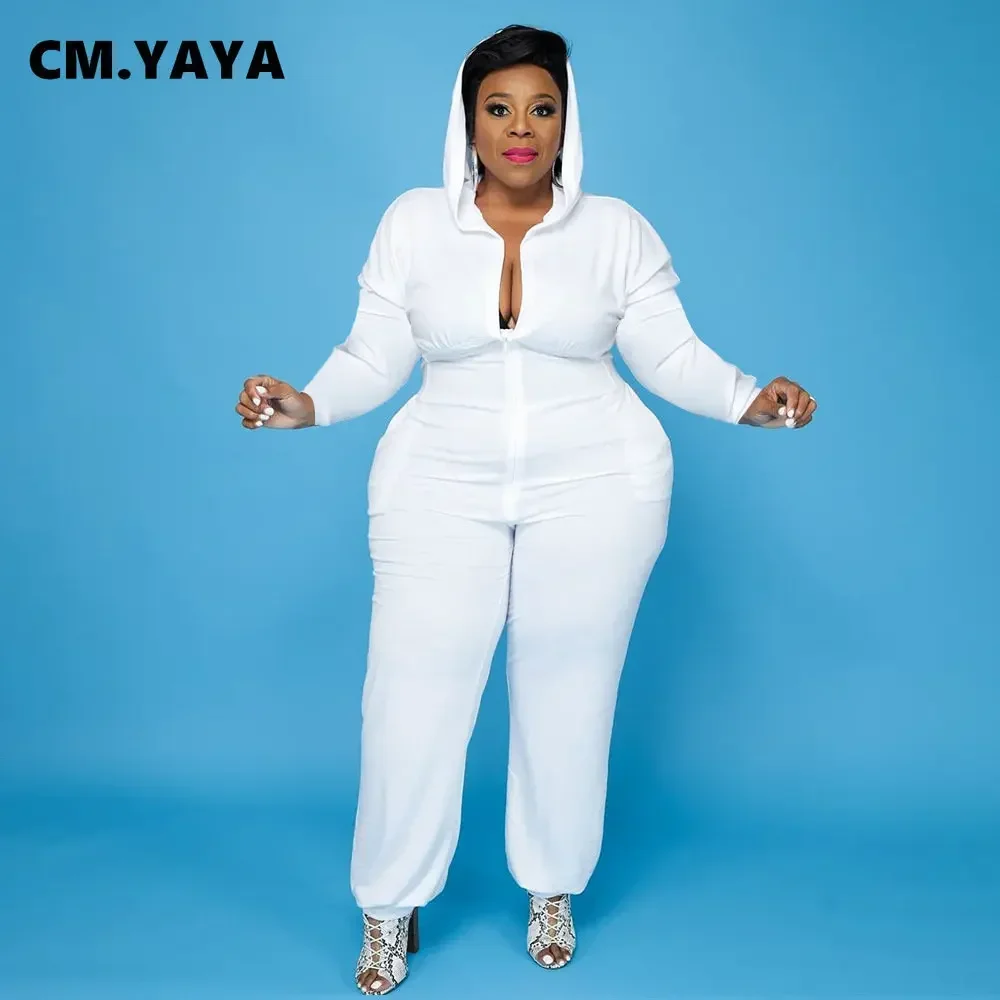 CM.YAYA Plus Size Women Hooded Zipper Fly Long Sleeve High Waist Jumpsuit Fashion One Piece Set Curve Playsuit