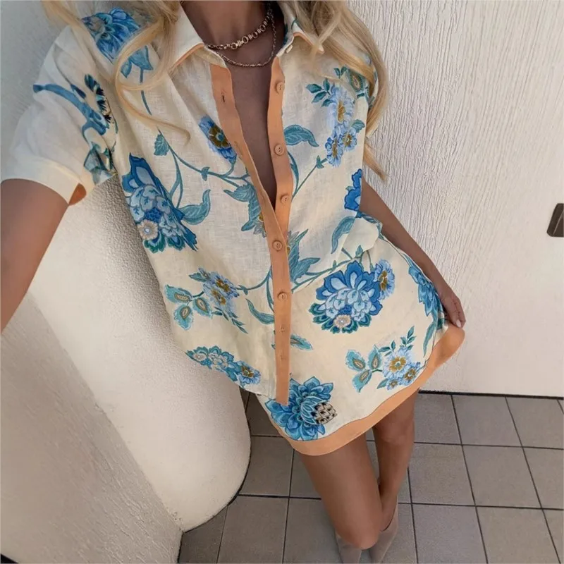 Summer Loose Print Women 2 Piece Set Outfit 2025 Vintage Short Sleeve Shirt With High Waist Mini Skirt Set Streetwear