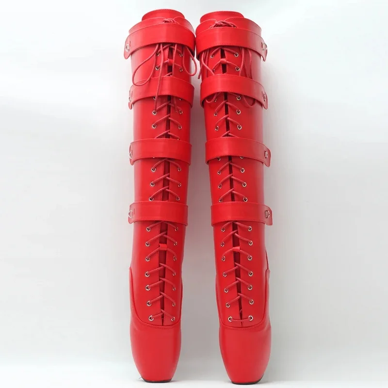 18cm Strange Heelless Women Ballet Boots,Fetish Knee High Booties,Men Cosplay Shoes,Locks Straps Long Botas,Custom Colors,Red