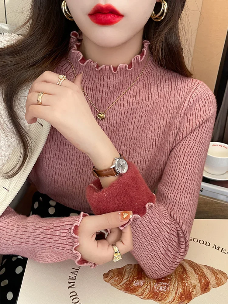 เสื้อสเวตเตอร์ไหมพรมแฟชั่นใหม่ ผ้าฟลีซหนานุ่ม แขนยาว ทรงเข้ารูป สำหรับผู้หญิง ใส่ได้ทั้งฤดูใบไม้ร่วงและฤดูหนาว เหมาะสำหรับใส่ทำงานในออฟฟิศ