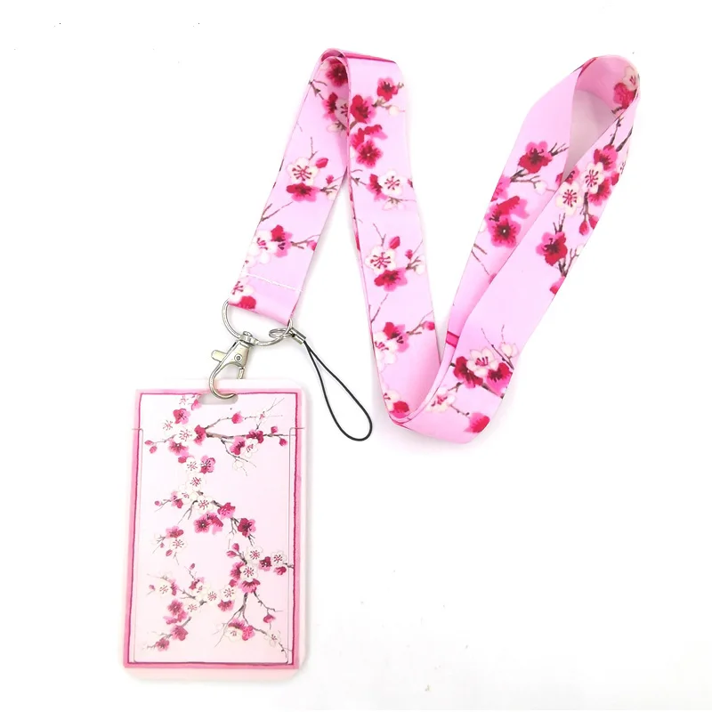 Cordón creativo con flores de cerezo rosa, tarjetero para estudiante, colgante para el cuello, cordón para teléfono, insignia, accesorios para tarjetero de acceso en metro