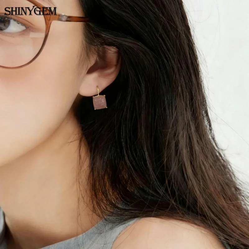 

SHINYGEM Gold Plated Dangle Earrings Elegant Jewelry Natural Gemstone Pink Blue Green Crystal Amethyst Moon Stone Women Eardrops